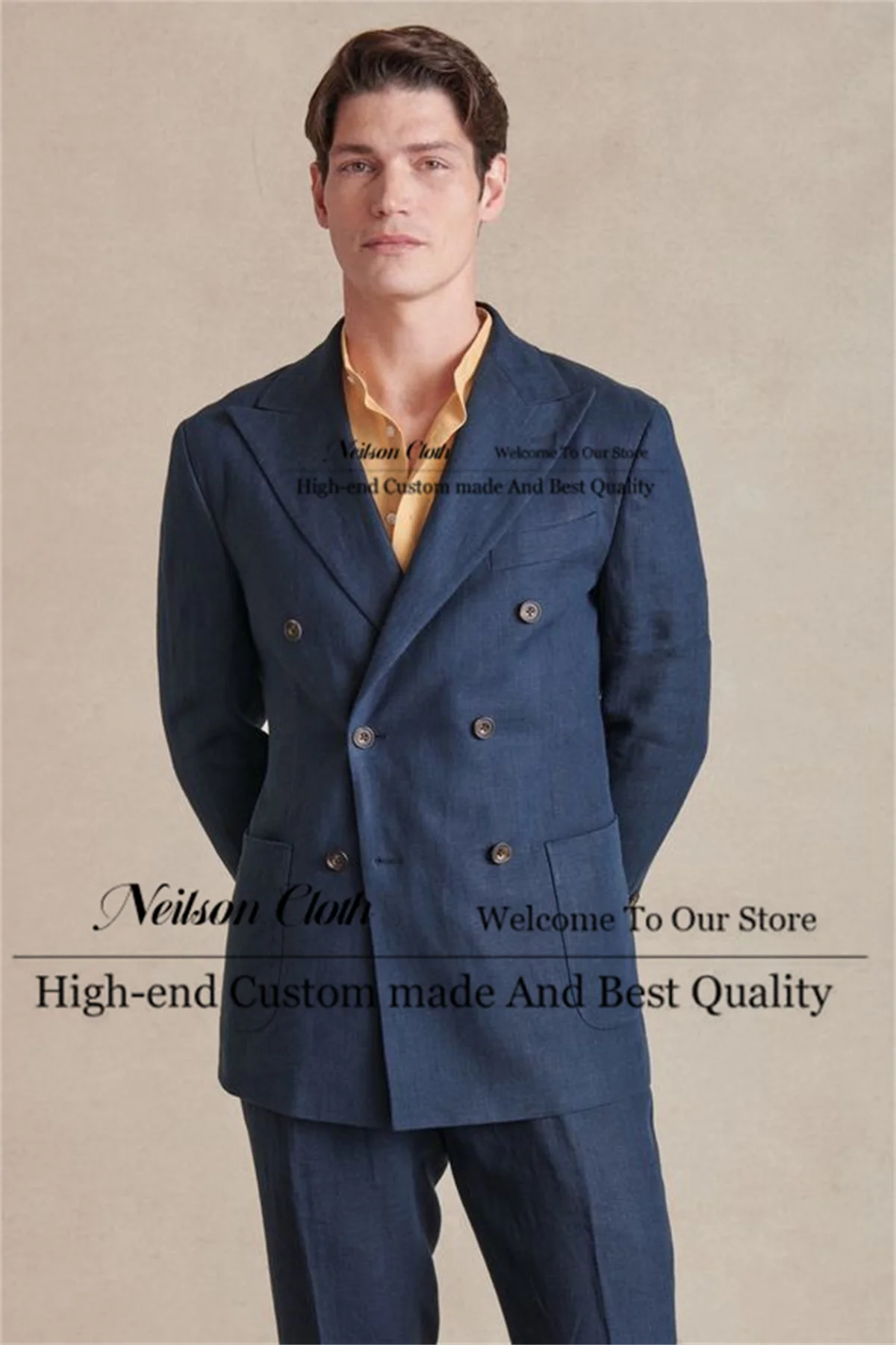 

Navy Blue Double Breasted Male Prom Blazers Peaked Lapel 2 Pcs Sets Groom Wedding Tuxedos Business Slim Fit Linen Costume Homme