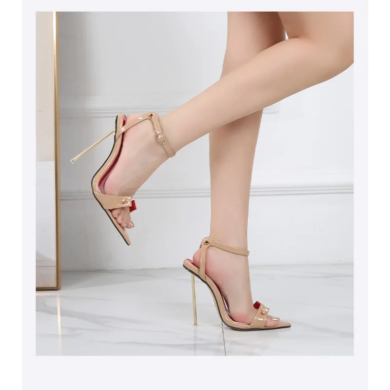 

New European and American style metal heel pointed one-word buckle metal decorative catwalk high heels large size 35-47