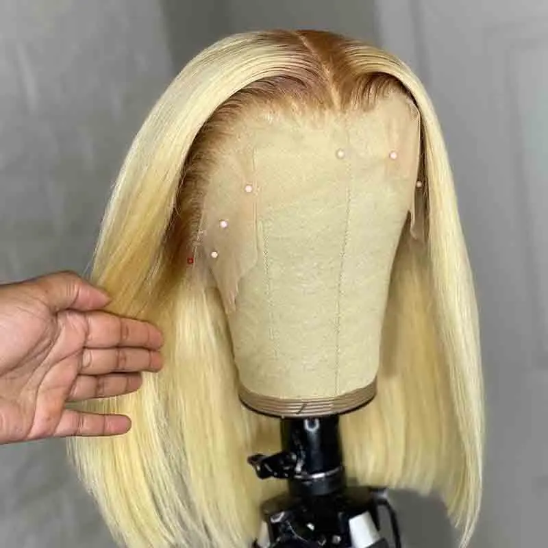 Short Bob Glueless 180Density Ombre Blonde 613 Straight Lace Front Wig For Black Women Babyhair Preplucked Heat Resistant Daily