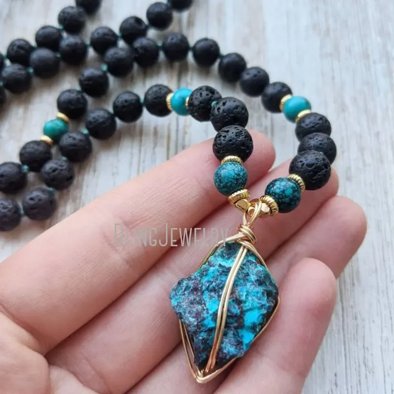 MN33384 Sacred Wisdom Arizona Turquoise Mala Beads Raw Chrysocolla Pendant  Volcanic Lava