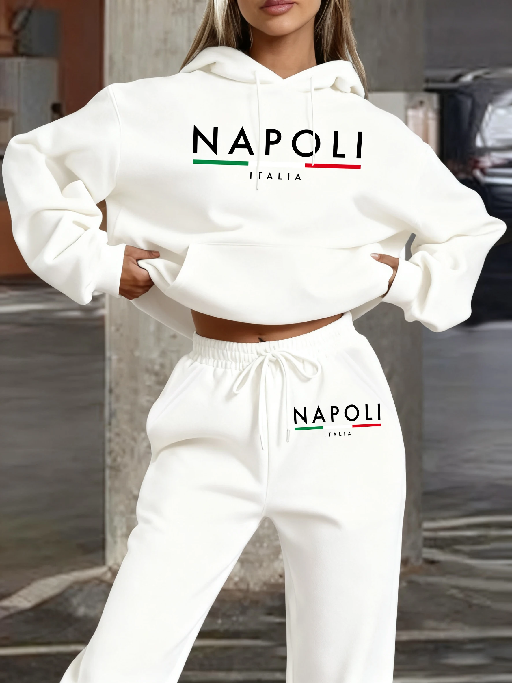 Napoli Italia Hoodie-Set mit Buchstabendruck für Damen, lässig, bequem, Jogging, lange Hose, Pelzfutter, lockerer Pullover, Fleece-Taschen-Jogginghose