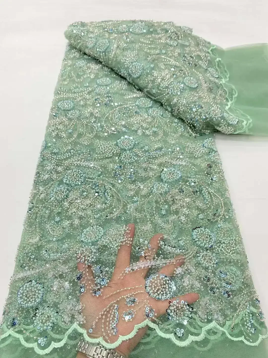 High Quality Beaded Lace Fabrics 5yards Nigeria on Sale Beaded Embrordered Net Lace With Sequins for Party Evening Dress women