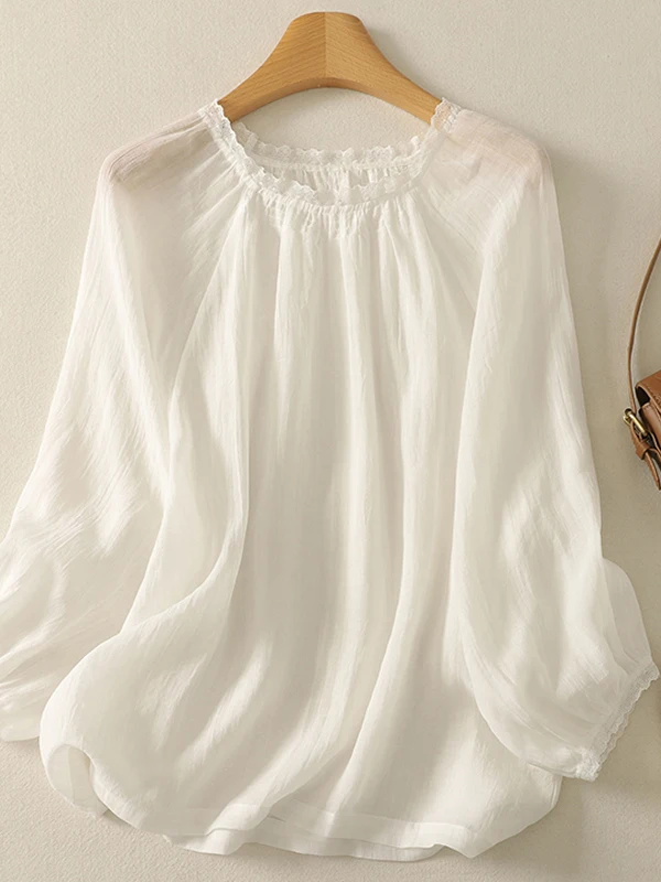 

Loose Women's Cotton Linen Lace Patchwork Nine Sve Tops Summer 2025 Faion Versatile Sle Button Closure Regular Length