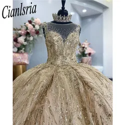 Luxury Sparkly Quinceanera Dresses Lace Beaded Pearls Ball Gown Golden Sequins Appliques  Sweet 16 Dress Party Wear