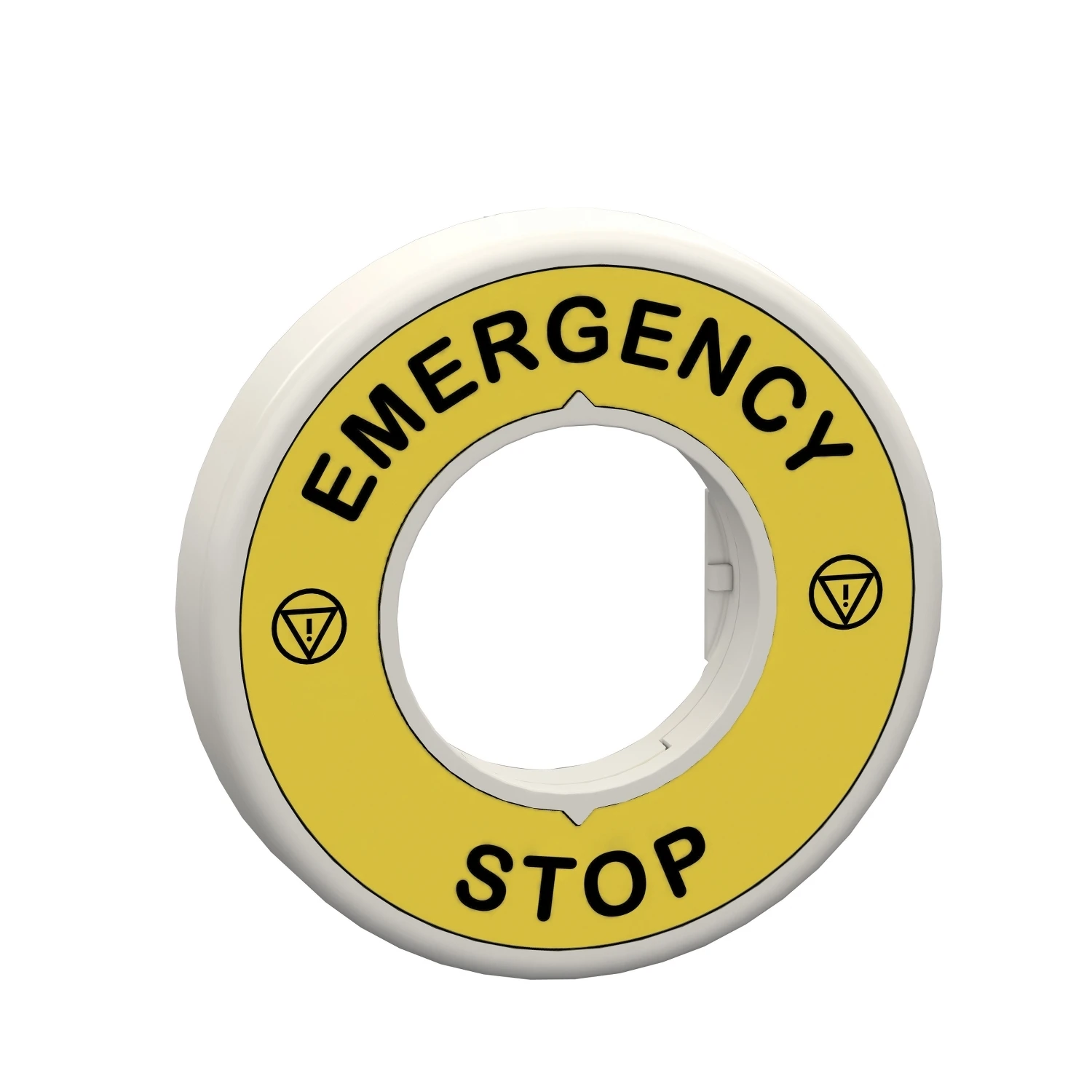 ZBY9W2B330 Illuminated marked legend ring, Harmony XB5, 60mm, plastic, yellow, red fixed integral LED, marked EMERGENCY STOP, 24