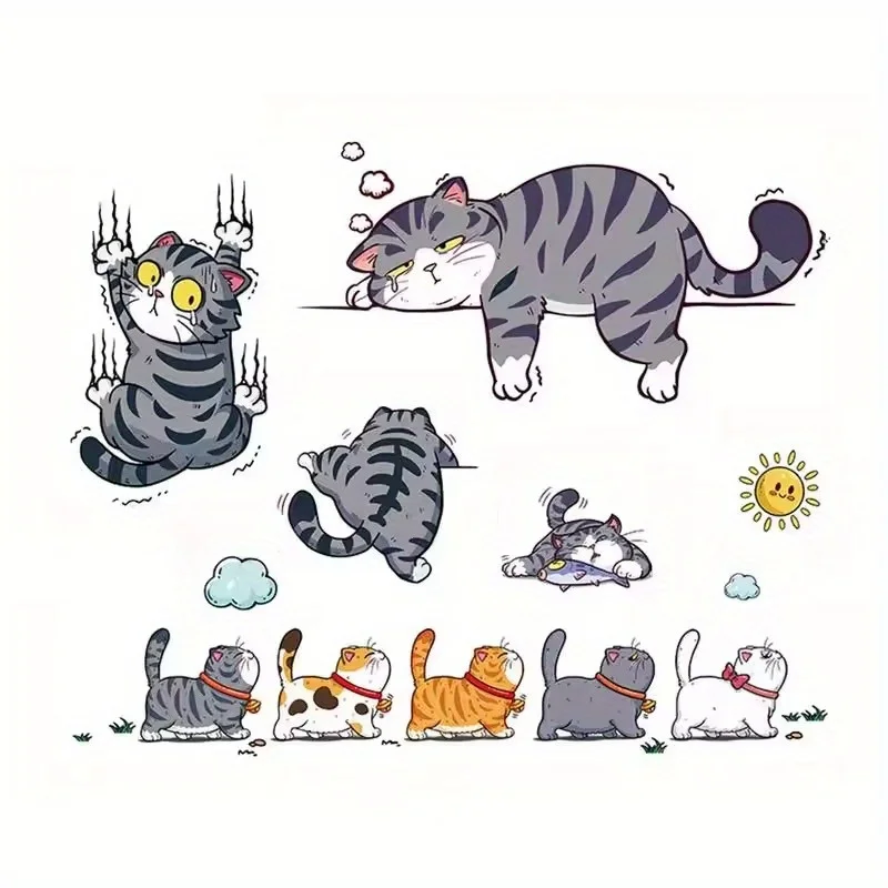 1set 2D Flat Funny Lazy Tabby Cats Multiple Poses Vinyl Sticker For Car Bumper Truck Window Wall Laptop Decor