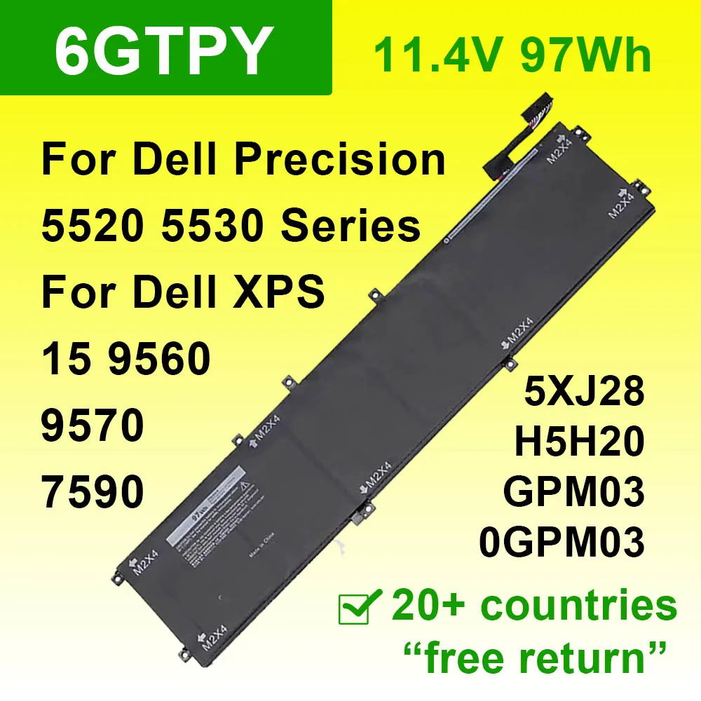 

6GTPY аккумулятор для ноутбука Dell Precision 5520 5530 XPS 15 9560 9570 7590 серии GPM03 5XJ28 H5H20 05041C 11,4 В 97 Втч