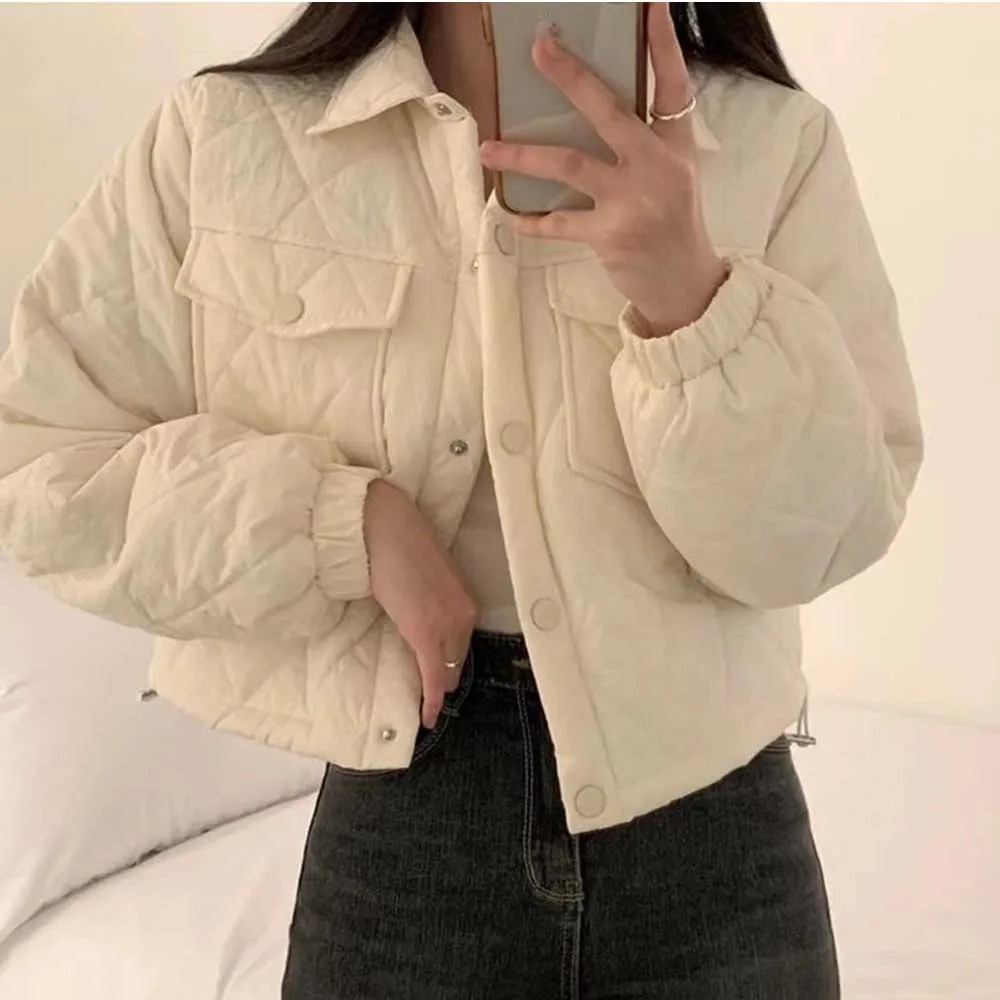 Autumn Winter Retro Short Cotton Jacket for Women Korean Chic Drawstring Loose Turn Down Collar Warm Padded Coats Parkas