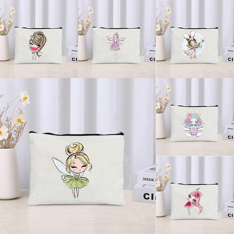 Cute Cartoon Elf Girl Printed Cosmetic Bag Casual Eco Canvas Travel Organizer Kit Ladies Party Gift Clutch Kids Pencil Case