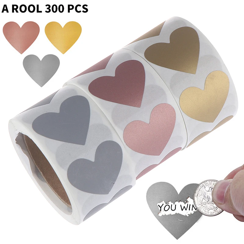 300Pcs/roll Heart Scratch Off Stickers Labels Scratch Sticker Label Stationery DIY Handmade Game Sticker Self-Adhesive Stickers