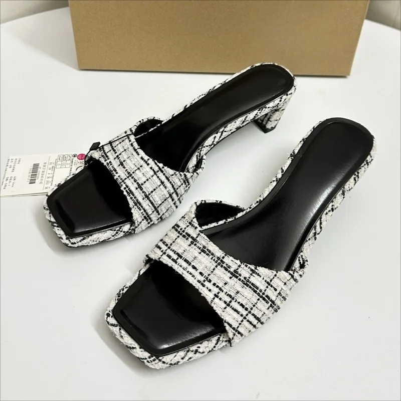 

Vintage Faux Suede Women Mules Sandals Fashion Square Toe 2026 Summer New Plus Size Casual Chunky Heels Women Gladiator Shoes