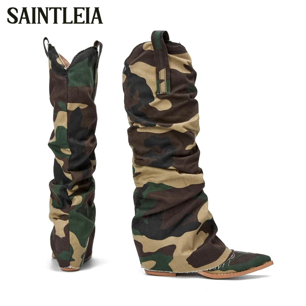 

Camouflage Print Mid Heel Knee High Boots Camo Pattern Mid Length Cowboy Boots Pleated Details Pointed Toe Pull on Women's Boots
