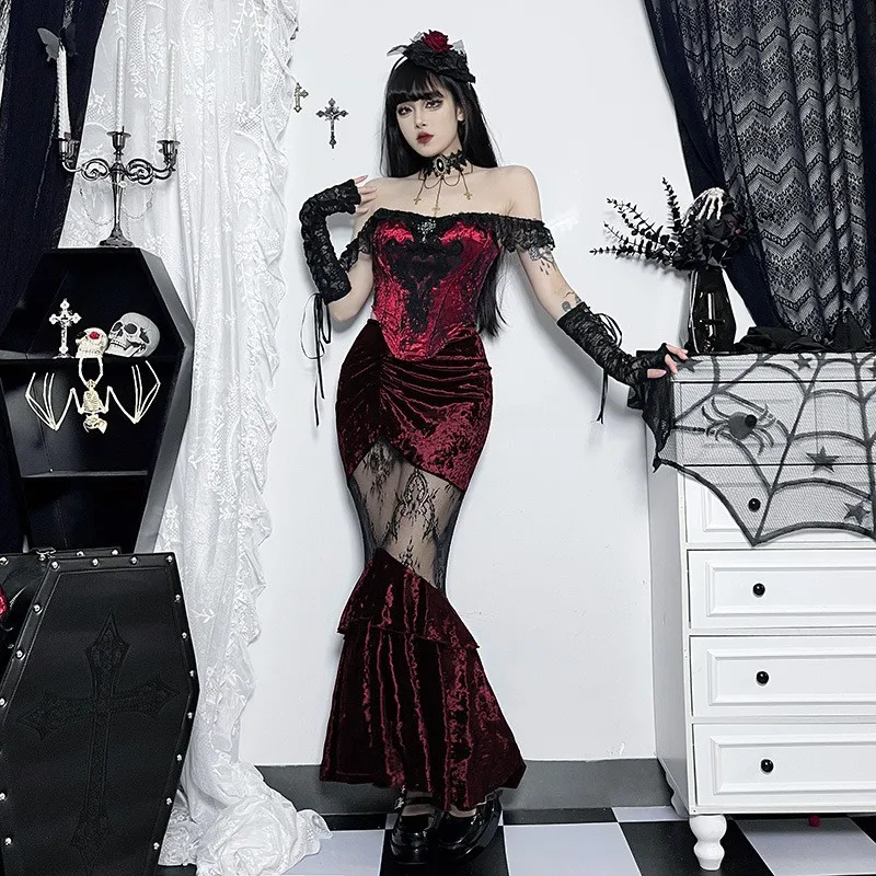 

Goth Women Cosplay Dresses Undershirt Dark Slim Lace Sexy Outfits Gothic Role Play Costume Female Stage Party Dresses