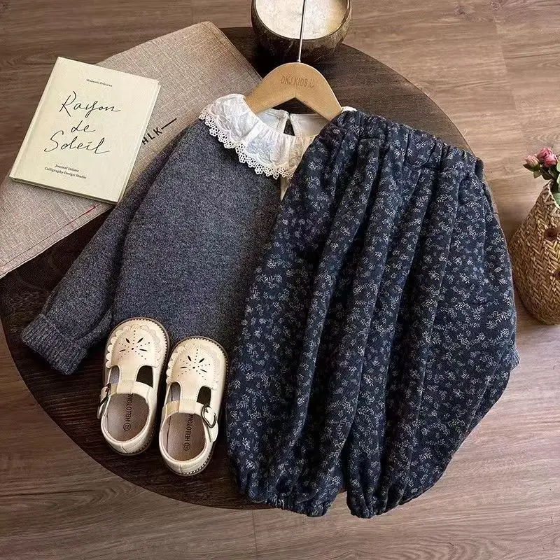 Girls Set Spring Autumn Children's Knitted Cardigan Long Sleeve T-shirt Floral Pants Three-piece Set Kids Clothing 6