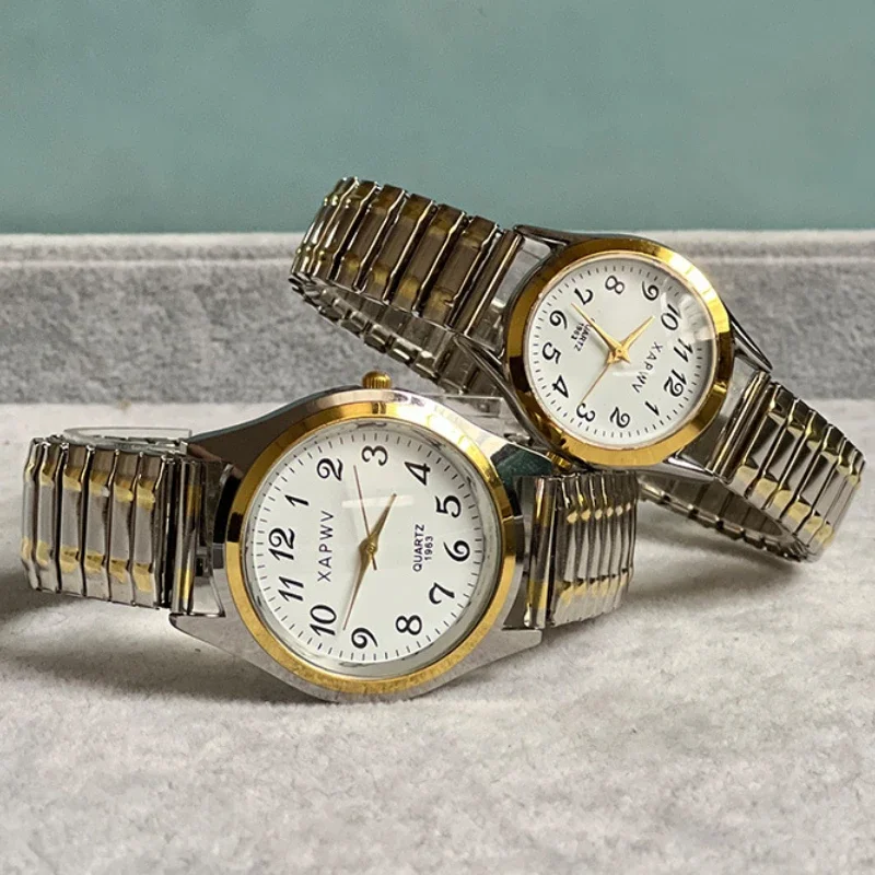 Пара мужских и женских наручных часов из нержавеющей стали с ремешком из сплава для любителей деловых кварцевых наручных часов с эластичным ремешком
