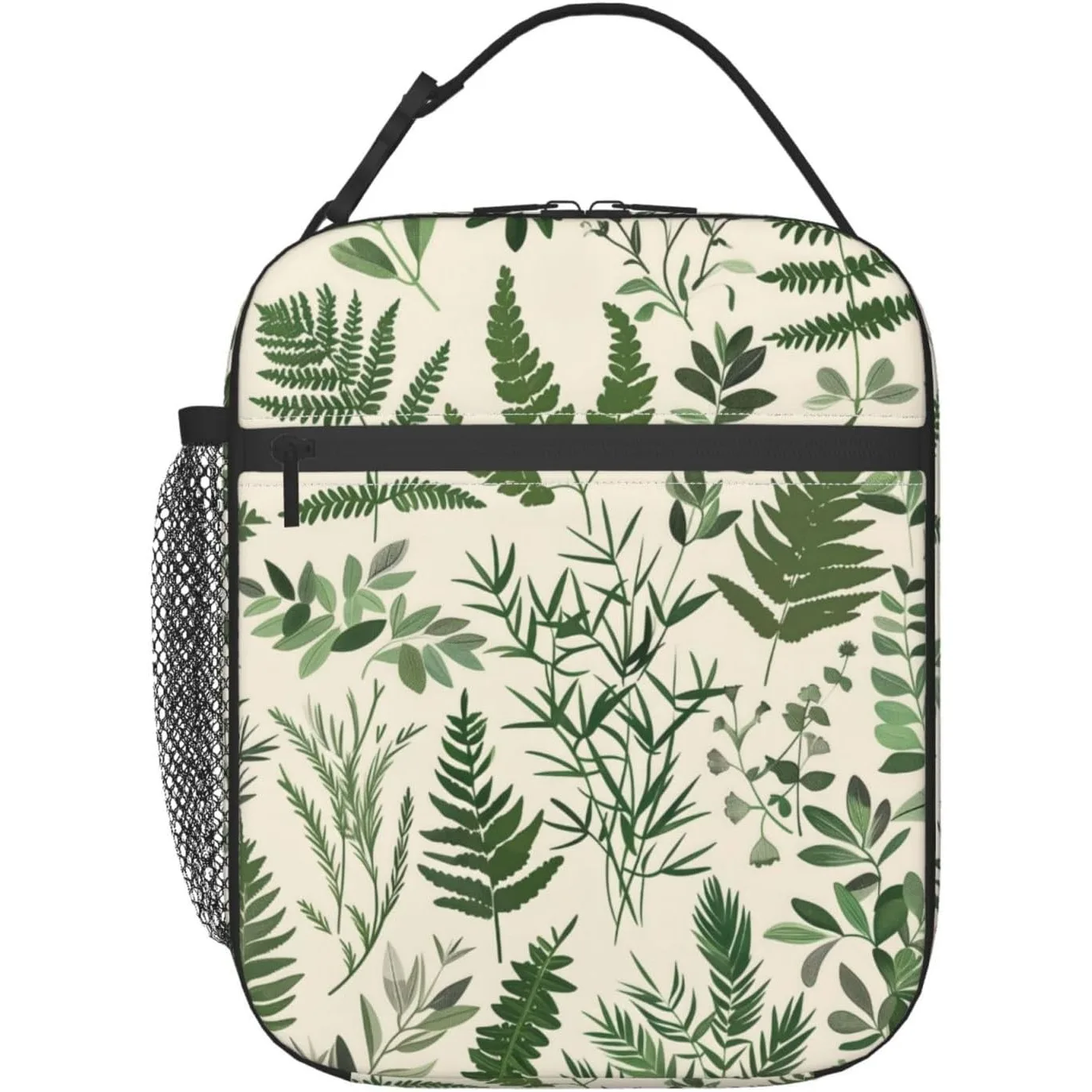 Leaf Print Lunch Box for Women Adults Kids, Insulated Cooler Polyester Green Plant Design Lunch Bag for Picnic
