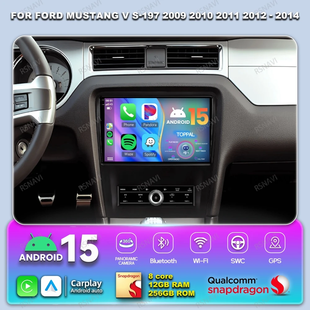 Android 15 Car Radio For Ford Mustang V S-197 2009 2010 2011 2012 - 2014 GPS QLED 4G LTE Autoradio 5G WIFI Wireless Carplay Auto