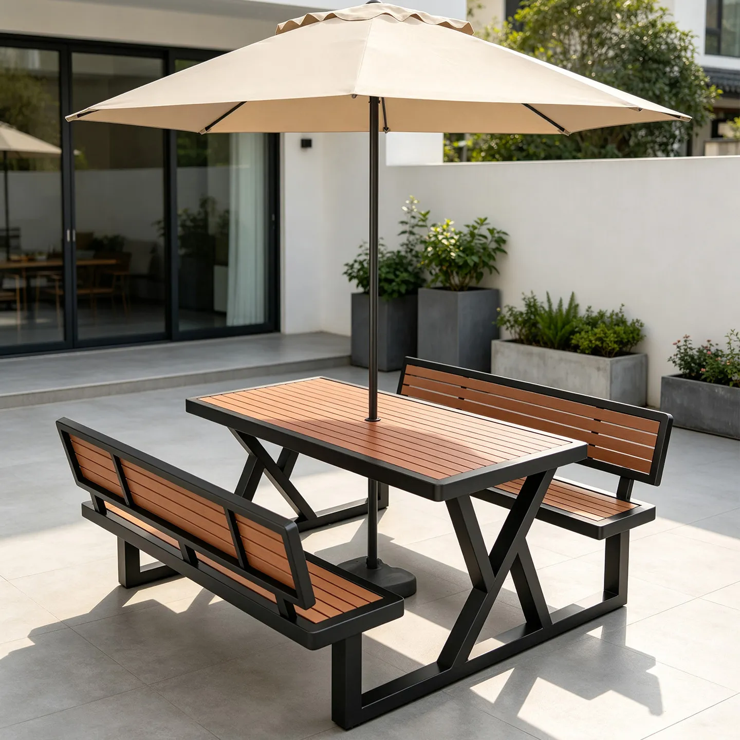 Outdoor rain and sun protection integrated outdoor tables and chairs leisure outdoor courtyard plastic wood