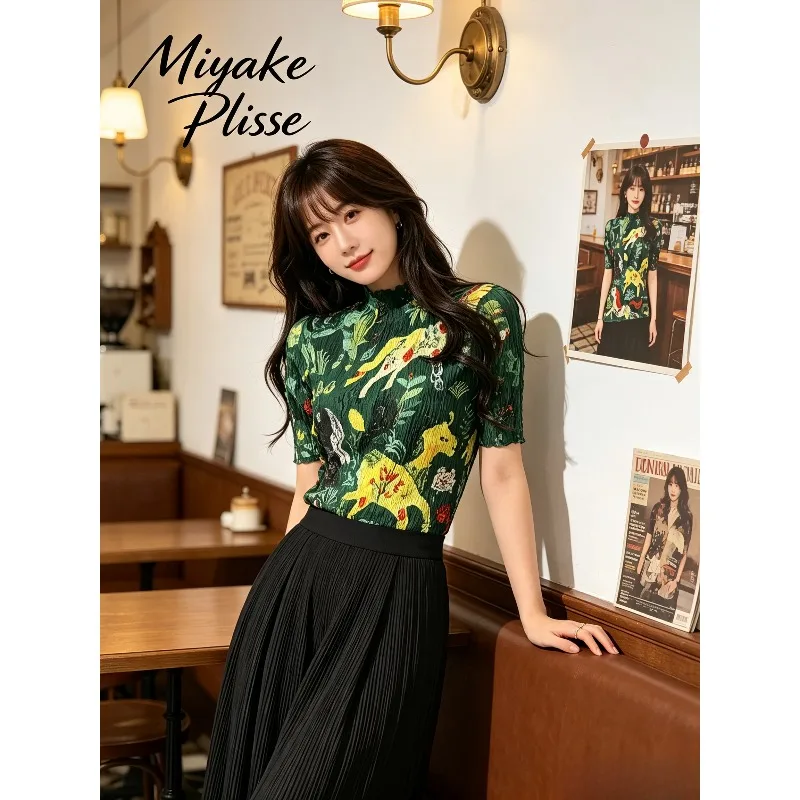 Miyake Pleated 2026 Gradient Fashion Short Sleeve Pleated Top Slim Fit Versatile Lazy Design Half High Neck T-Shirt for Women