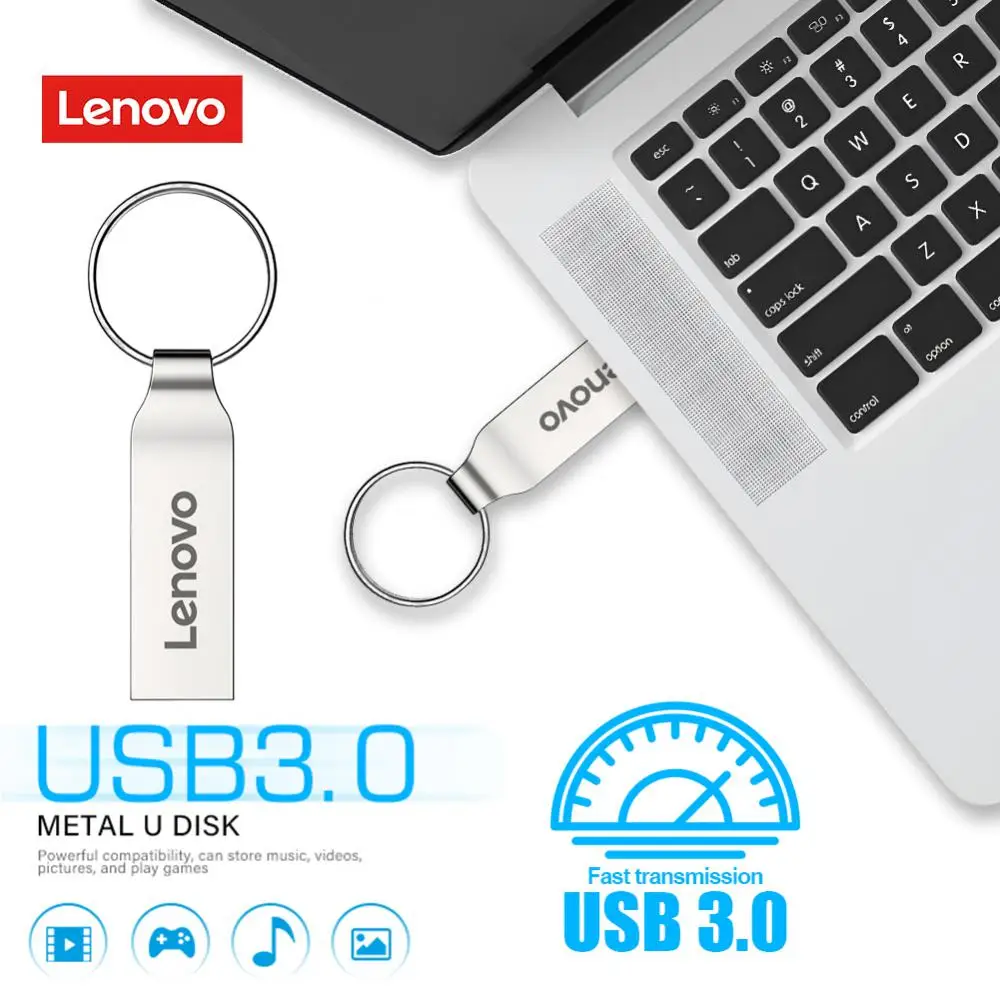 Lenovo-Unidade Flash USB de Alta Velocidade, Mini Memory Stick, Pendrive de Metal, Disco com Chave, 2TB, 1TB, USB 3.0