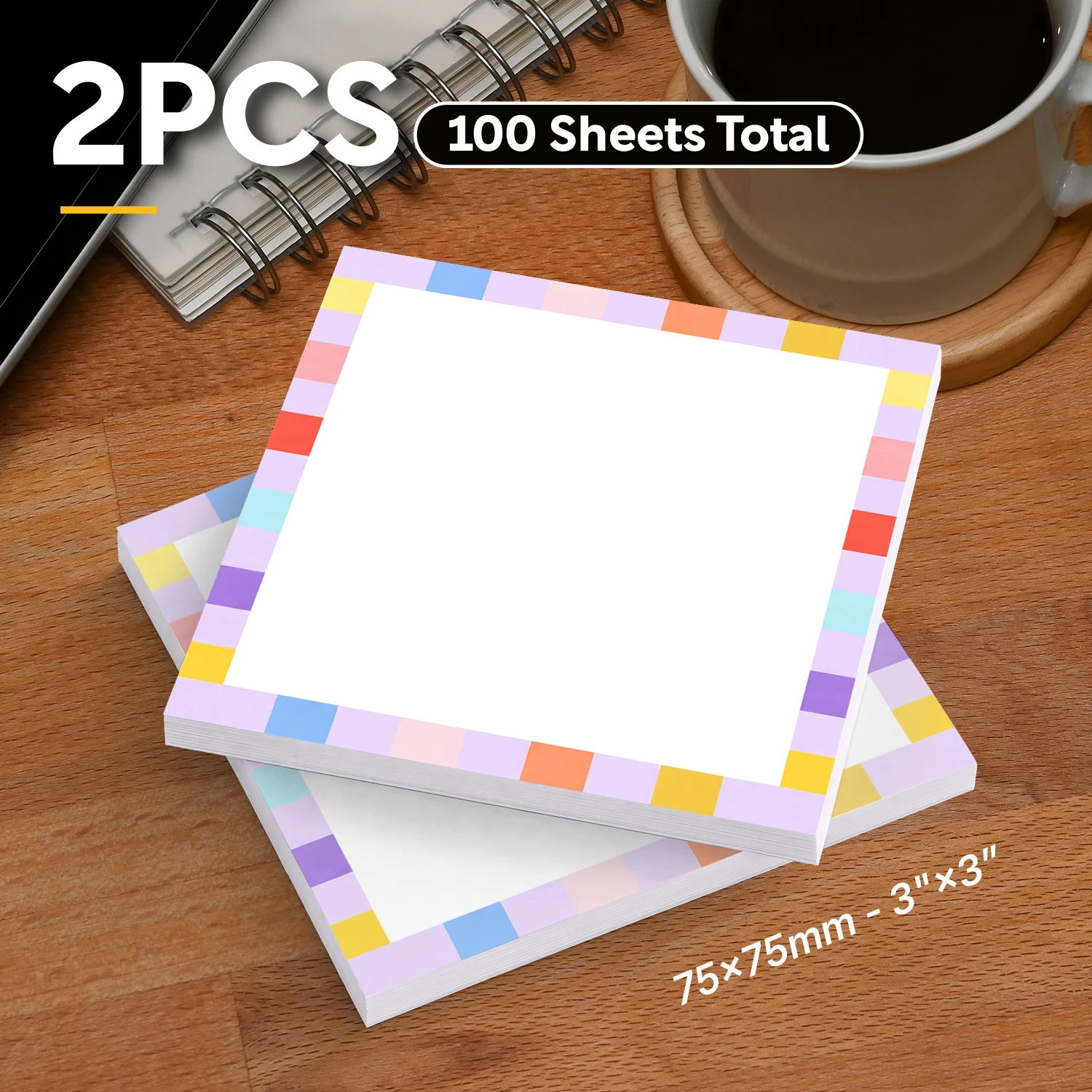 2PCS Pastel Checkered Sticky Notes 100 Sheets Colorful Rainbow Square Border Memo Pads for Office School Study Daily Reminders