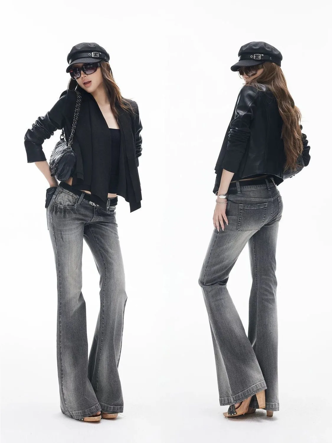 Retro Washed Bell Bottom Jeans Women's Low Waist Slimming Floor Length Pants Black Grey Autumn New Style High Elastic Cotton ...