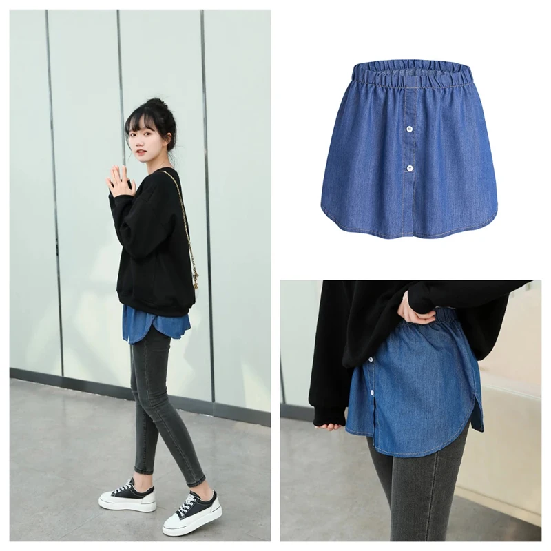 Wanita Chic Denim Palsu Hem Disesuaikan Layering Palsu Atas Bawah Menyapu Rok Kancing Tidak Teratur A-Line Setengah Kemeja Rok Extender