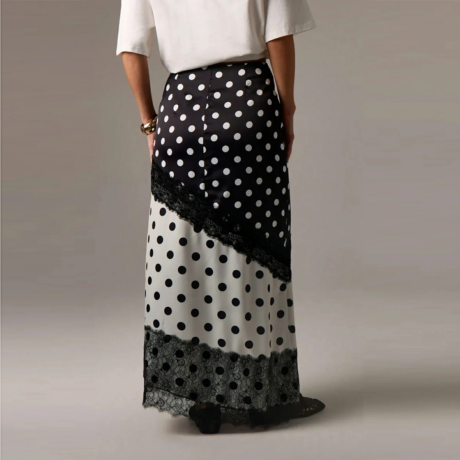 Women's Summer Elegant High Waist Long Satin Silk Skirt Dot Print Lace Trim Patchwork Contrast Color Side Split Skirt