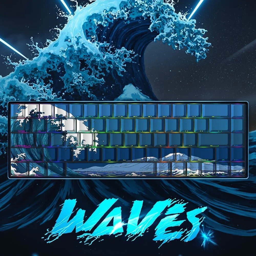 Blue Vintage Wave Cherry Profile Key Caps Custom DIY Gaming Keyboard Side Engraved Translucent Keycaps for Mechanical Keyboard