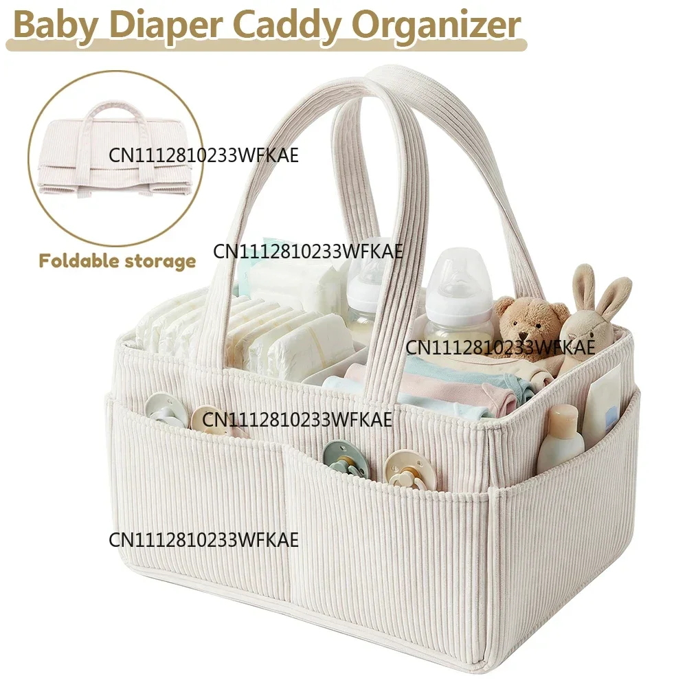 Corduroy Diaper Storage Basket with Handle Foldable Multi-Pocket Newborn Diaper Storage Box