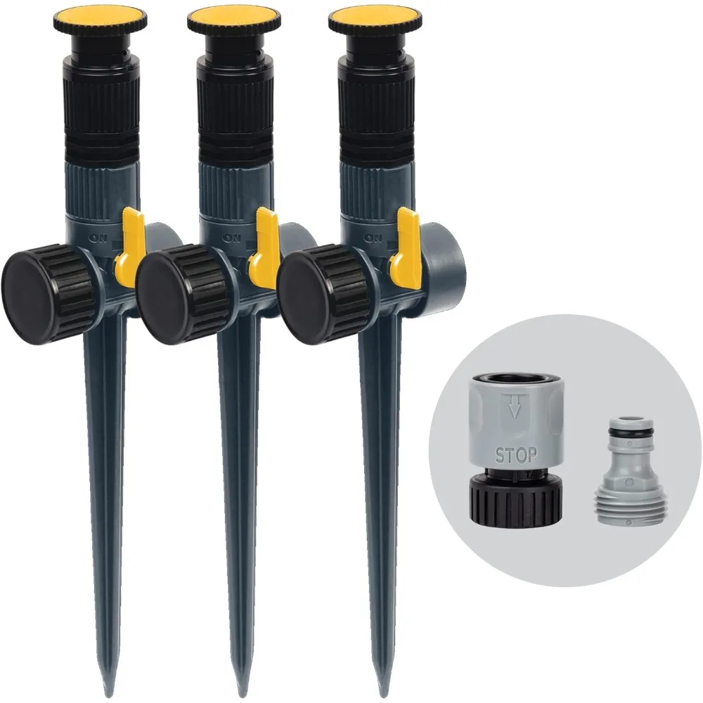 

65185amz multi-adjustable spike sprinkler, 3-pack w/quick connect bundle, flow through base, black, grey, yellow