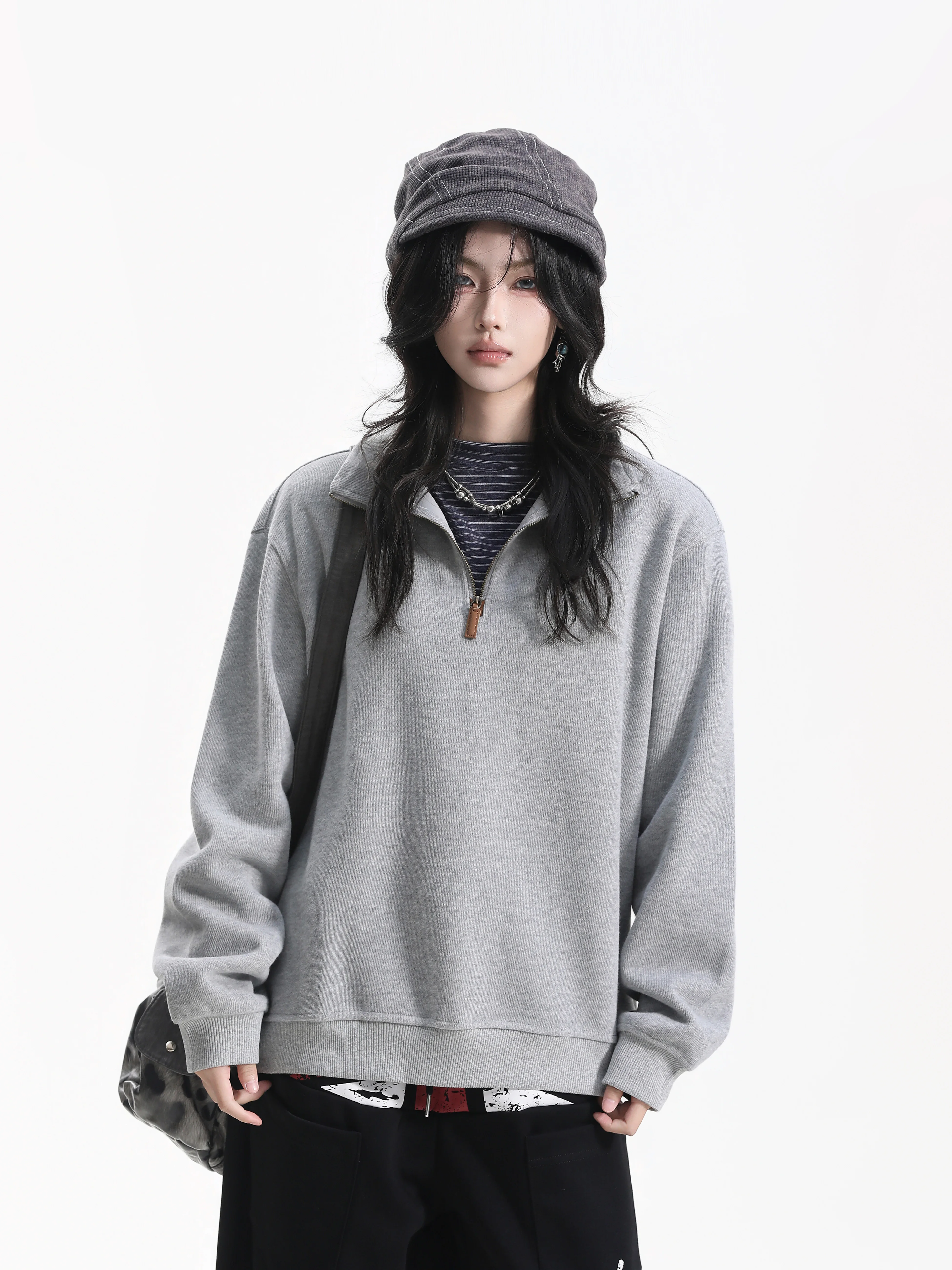 Loose Fit Long Sleeve Hoodie American Texture Stand Collar Women's Basic Street Style Couple's Clothing Cotton Polyester Blend