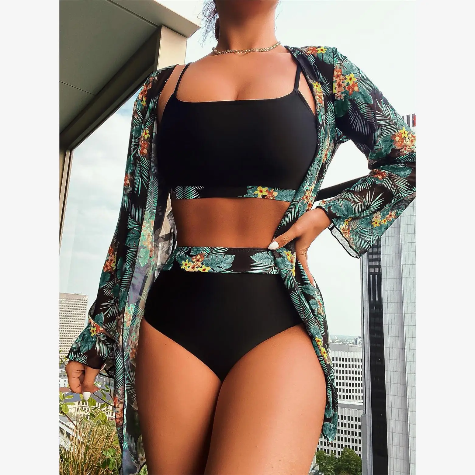 

High Waist Long Sve Women's Swimsuit Tee Piece Set INS Cover up Sun Protection Internet Famous Cross Border Outfit
