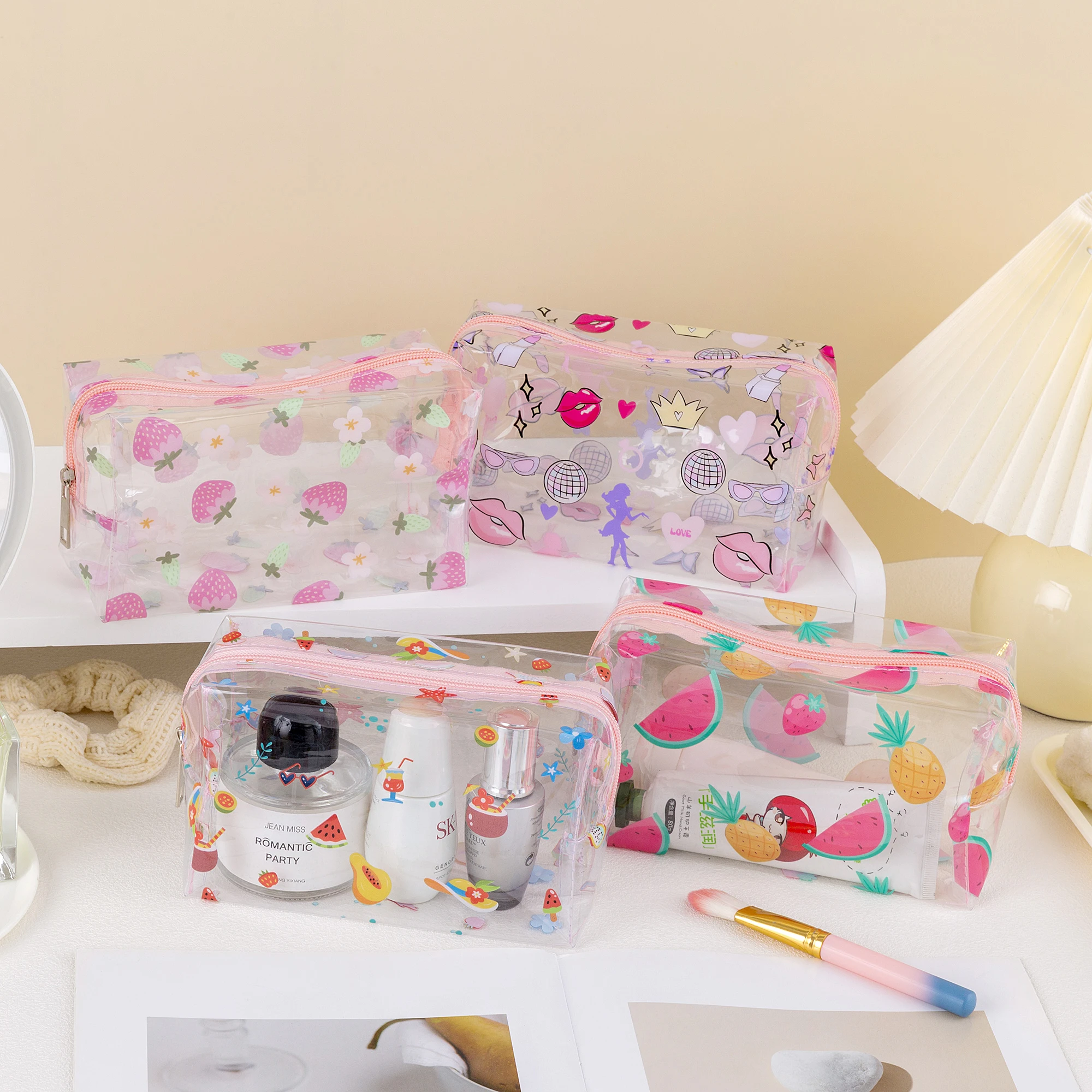 

Women Girls Cute Transparent Clear PVC Watermelon Strawberry Fruits Lips Full Printed Summer Cosmetic Makeup Bag Cosmetic Zipper