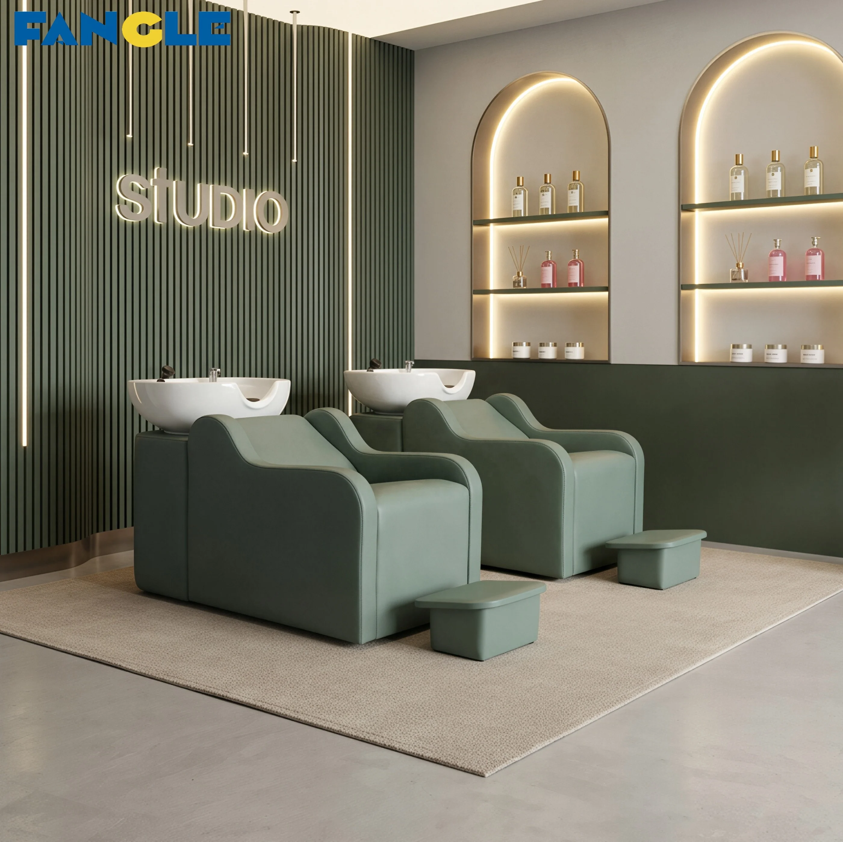 Luxury Shampoo Chair Salon Station Electric Shampoo Bed Barber Shop Shower Chair Adjustable Leg Support Ceramic Basin Foot Pedal