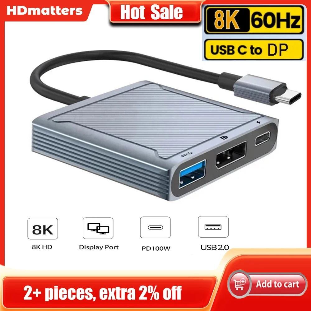 3 في 1 DP Hub 8K @ 60 هرتز 4K @ 144 هرتز USB نوع C إلى محطة إرساء DisplayPort مع محول USB & PD 100 واط لـ Mackbook Pro Dell #1