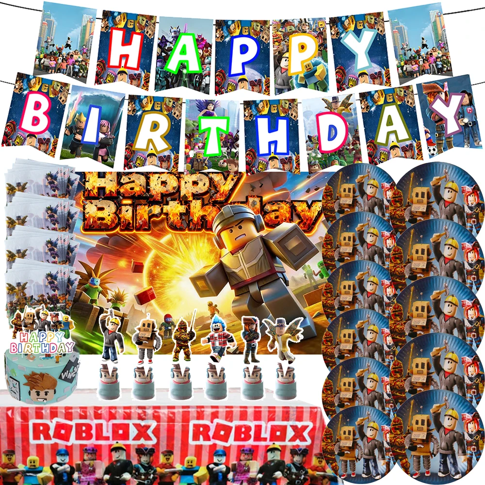 

Blue Roblox Game Theme Birthday Party Decor Tableware Set Paper Cups Backdrop Cake Topper Balloon Baby Shower Boy Supplies toys