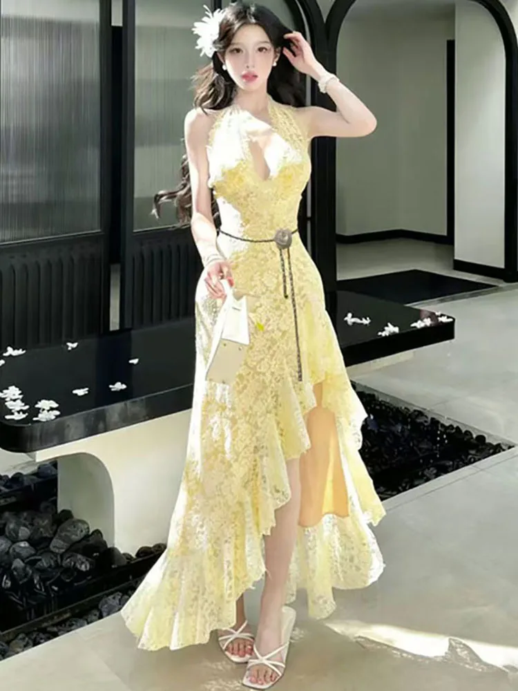 

2026 White Lace Jacquard Bandage Ruffled Long Dress Summer Elegant Chic Neck-mounted Dress Women Korean Vintage Bodycon Dresses
