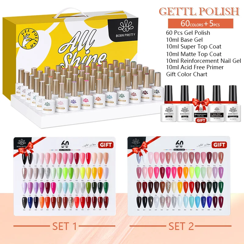 BORN PRETTY 65-teiliges Gel-Nagellack-Set mit 60-teiligem Farbgel, 5 Stück Base Top Coat, glänzendes, mattes Lern-Set, geeignet für Geschenke