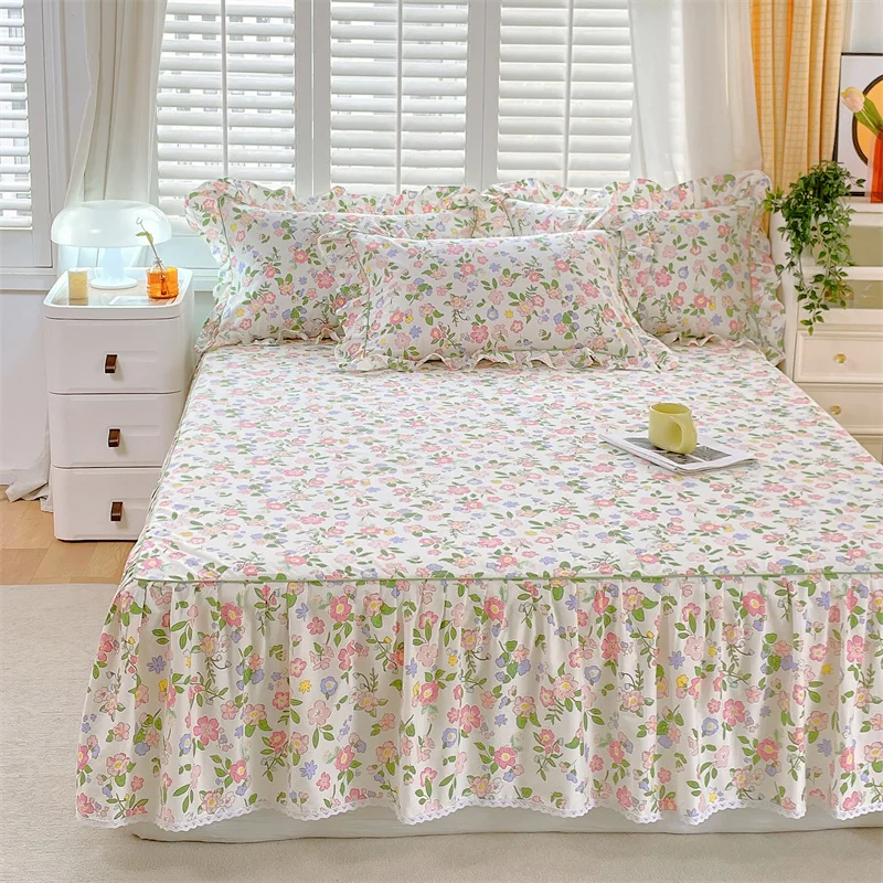 100% Cotton Bed Skirt colcha de cama queen Floral Style Bedspread Girls Room Lace Mattress Cover 120x200(Pillowcase Need Order)