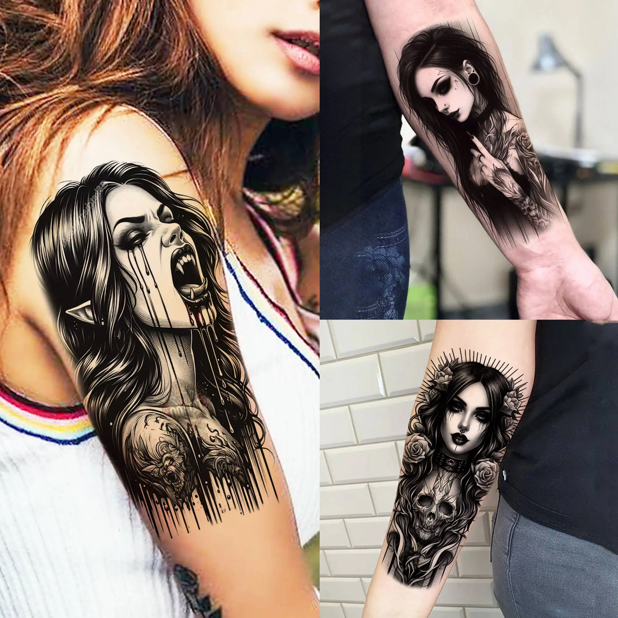 1 Sheet Horrible Bloody Vampire Witch Temporary Tattoos For Men Women Halloween Long Lasting Waterproof Temp Fake Tattoo Sticker