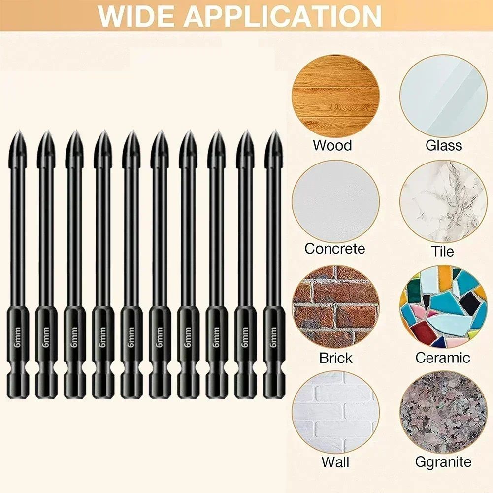 10pc 6mm carburo di tungsteno croce lancia testa punta da trapano codolo esagonale per piastrelle porcellanato marmo ceramica vetro mattoni