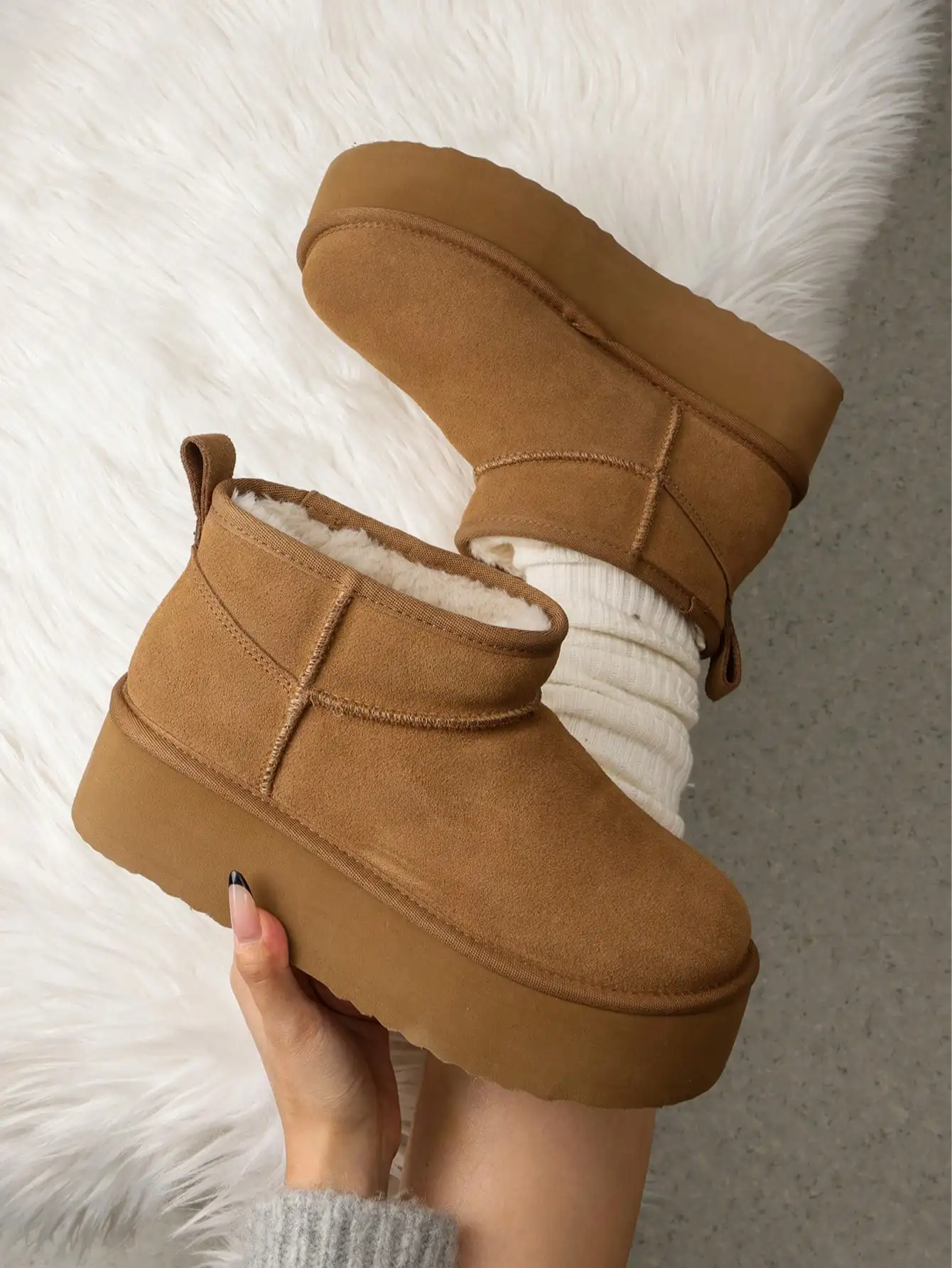Women Furry Ankle Boots Genuine Leather 1.96-Inch Platform Winter Snow Boots Soft Suede Outdoor Street Commute Cozy Warm Fashion Boots Shoes