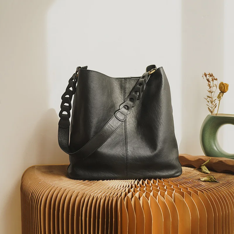 

Nesitu Highend Vintage Full Grain Vegetable Tanned Genuine Leather Women Handbag Shoulder Bag Purse Black Yellow Brown m12853