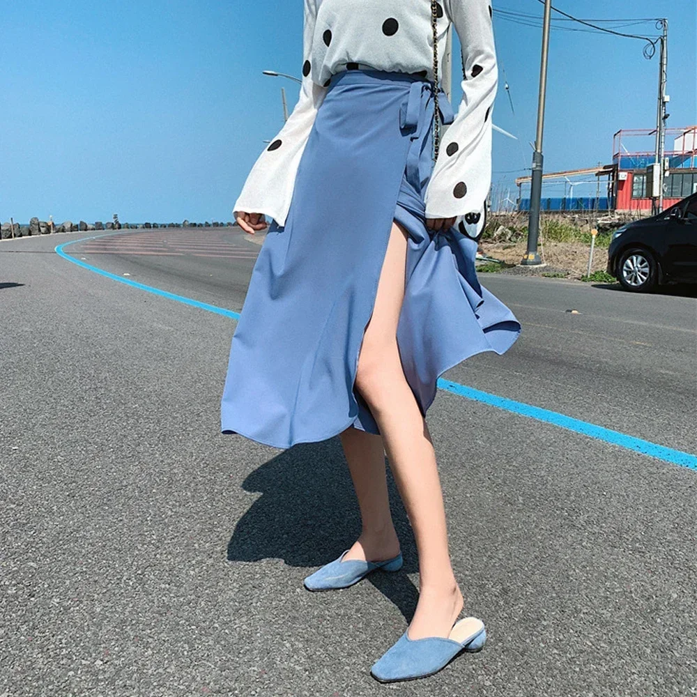 Summer Skirts Women Casual High Waist Side Tie Beach Vacation  Wrap Skirt Girl Solid Elegant Midi Skirt Woman Clothes 9 Colors