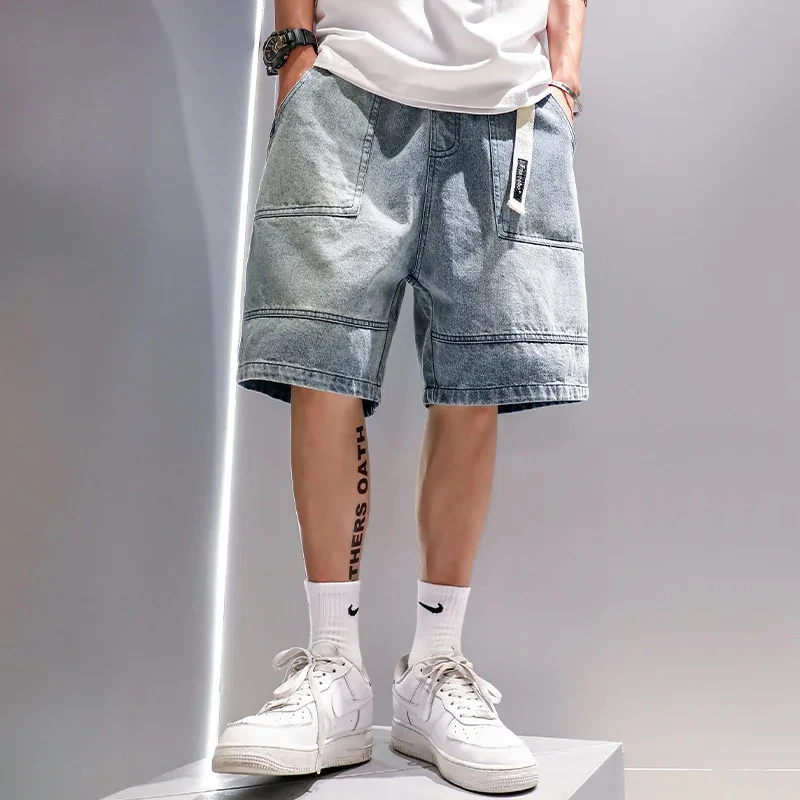 Fashion Casual Denim Shorts Men\'s Trend Ins Youth Pop Summer Wear Japanese Gothic Hip Hop Loose Casual Cargo Five Quarter Pants