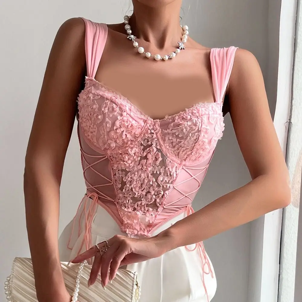 مرونة جوفاء الدانتيل زهرة بروتيل شفاف التطريز المحاصيل القمم الشارع الشهير الدبابات الحمالة سترة السفر