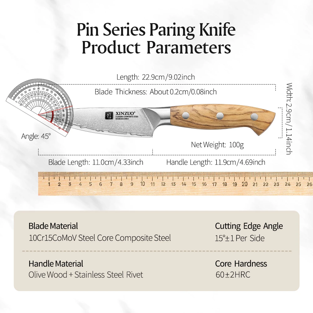 XINZUO Premium Paring Knife 4 Inch Blade 10Cr15CoMoV Composite Steel Olive Wood Handle 60±2 HRC Hardness 15° Angle Razor Sharp