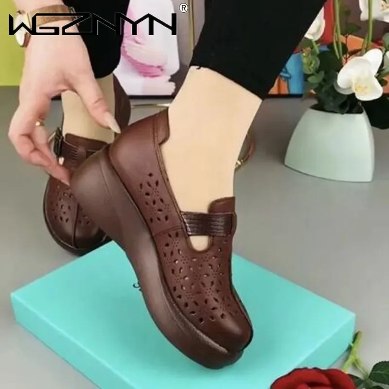 2022 NEW Spring Summer Shoes Hollow Genuine PU Leather Shoes Platform Sandals Increase Shoes Wedges High Heels Retro Women Shoes