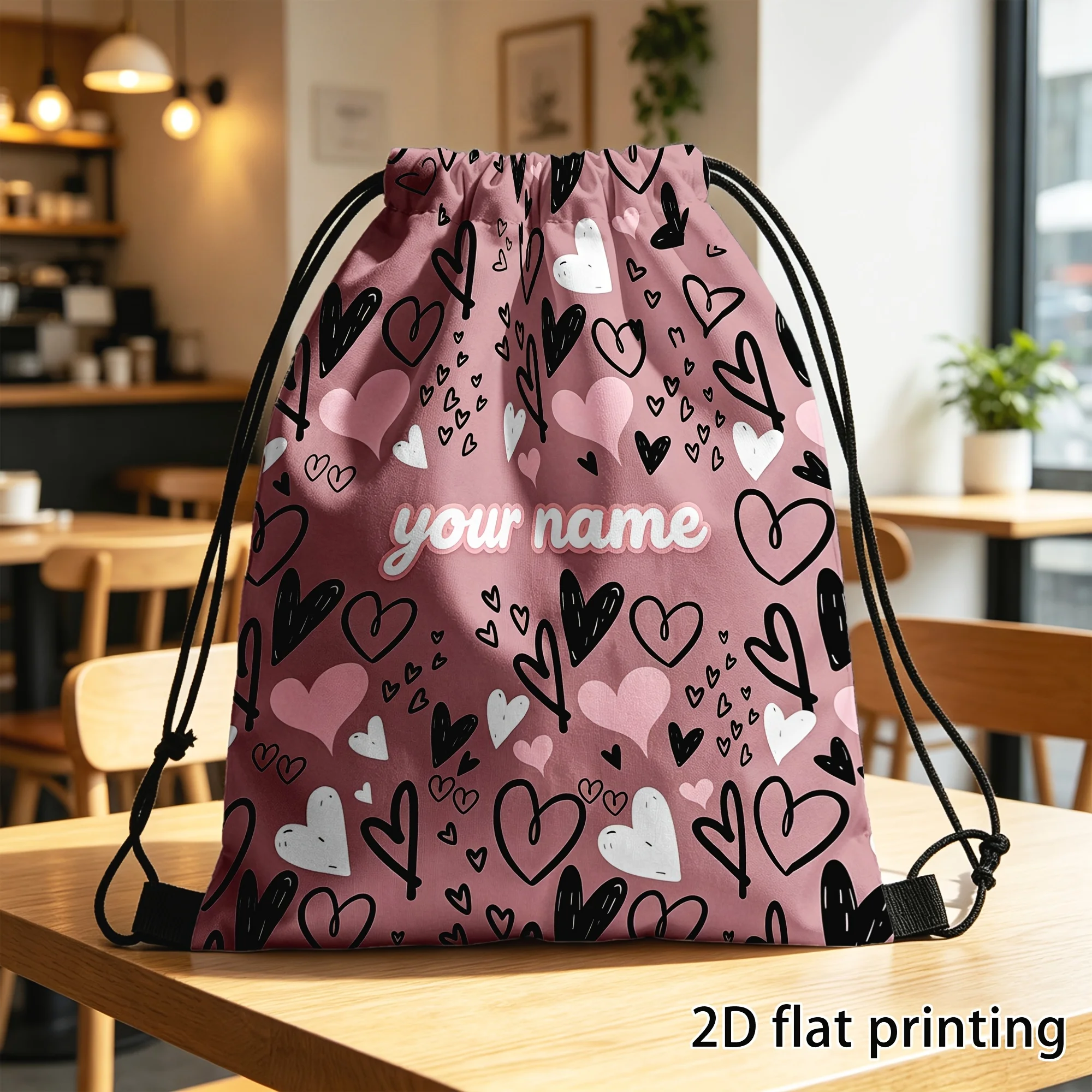 Personalized Drawstring Backpack Custom Name Graffiti Heart Print Lightweight Gym Bag Portable Sports Sack for Outdoor Travel